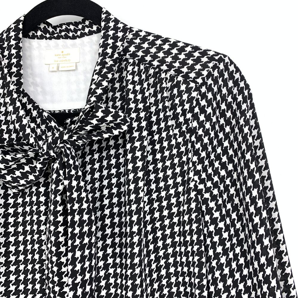 Kate Spade Women's Sz S Dashing Beauty Houndstooth Tie Neck Shirt In Black Cream - Picture 3 of 7